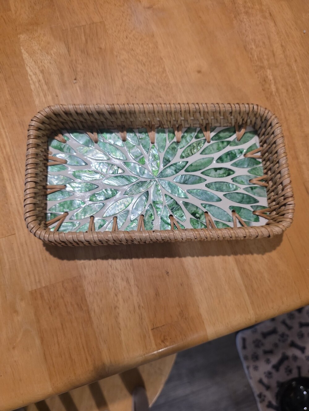 Woven Rattan Tray with Green Mother Of Pearl Mosaic Inset